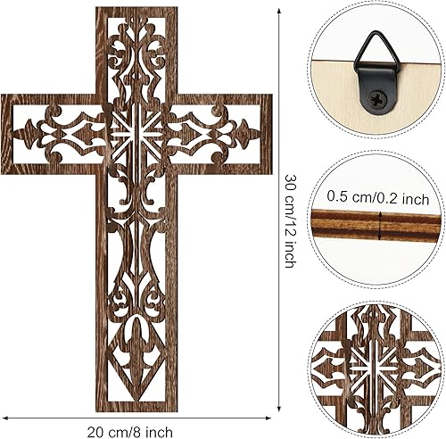 Miniatura 3 de Yookeer 3 piezas de decoración de pared de cruz de madera colgante hecho a mano antiguo religioso marrón madera decoración de pared tallada a mano