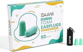 BAANI Soft Foam Ear Plugs For Sleep - Noise Cancelling Ear Plugs High SNR 38db - Earplugs For Sleep One Size, Sleep Ear Plugs For Concerts, Snoring, Travel, Flights, Festival, Work, Swimming, 60 Pairs