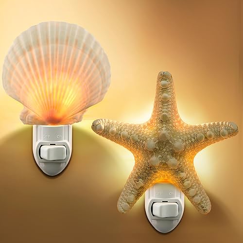 Hortsun 2 piezas de luz nocturna de conchas marinas y animales marinos enchufables luz nocturna temática de playa decoración de baño para