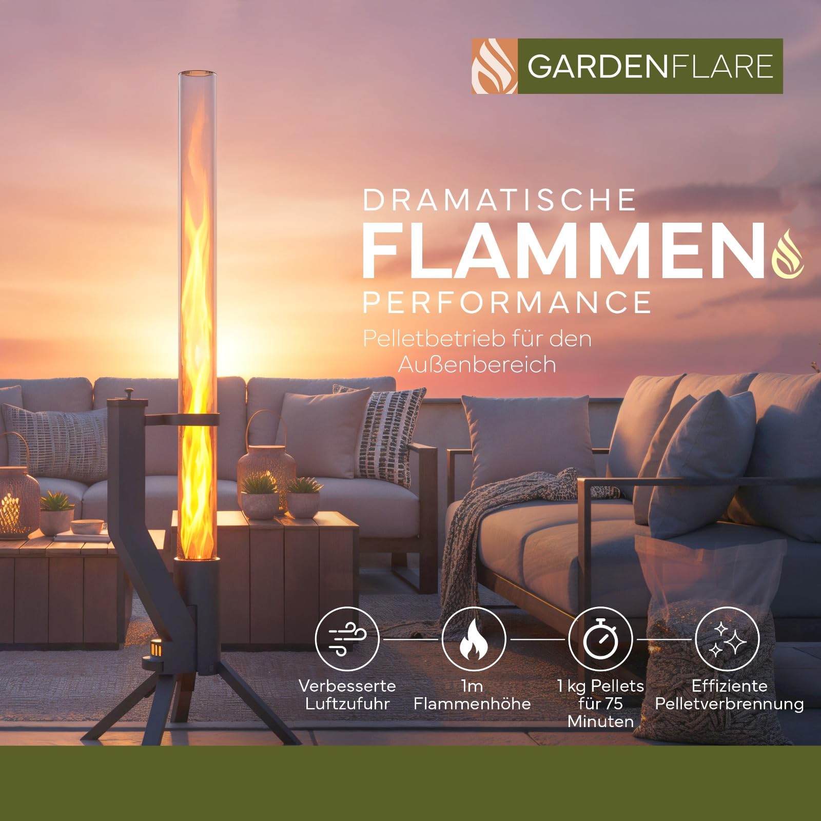 GARDENFLARE Feuerrohr Klassik – Edelstahl Feuersäule und Pelletfackel für Tolles Ambiente Feuer – Rauchfreie Feuerschale Alternative für Terrasse und Garten (Schwarz Pulverbeschichtet) - 5