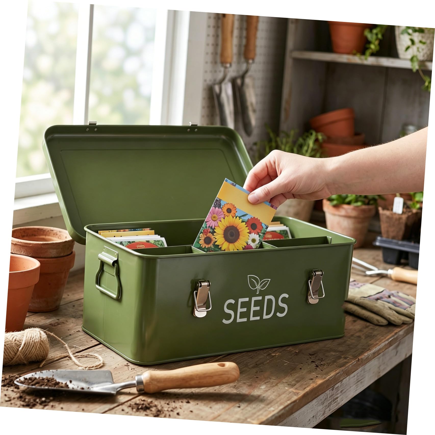 Toyvian Saatgutaufbewahrungsbox aus Eisen mit Griff und Schloss, 4 Fächer