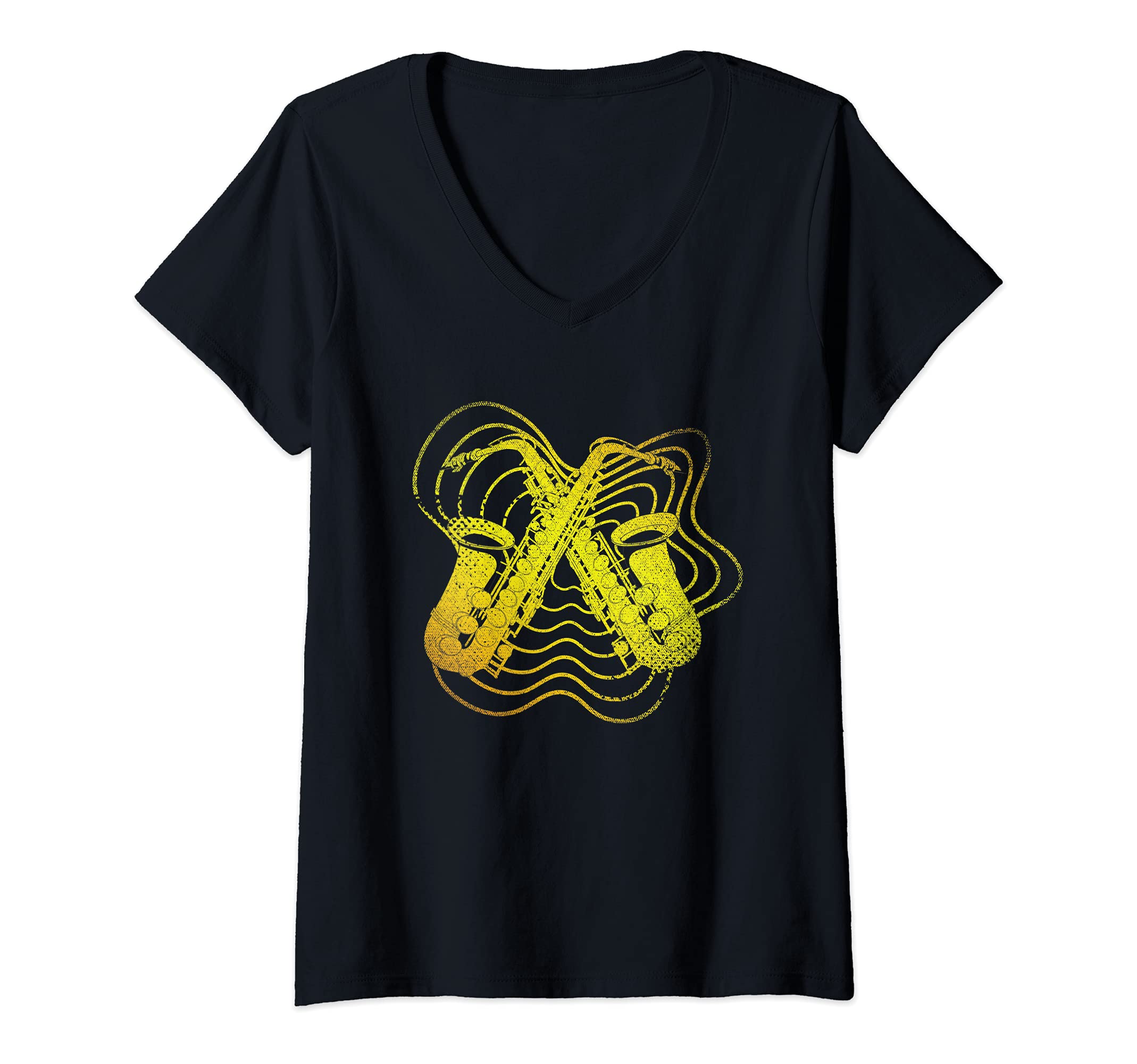 Womens Jazz Musician Musical Instrument Sax Saxophonist Saxophone V-Neck T-Shirt, Black
