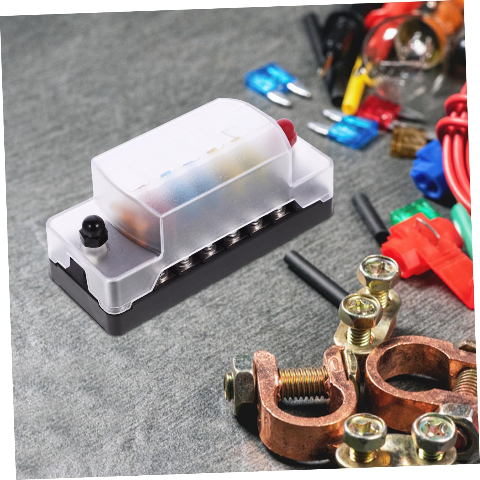 Boîte à Fusibles à 6 Voies 1 Set, Pa66 et Pc, Noir | 12-32 V, 75 A Entrée et 20 A par Circuit, Plaques Autocollantes Incluses