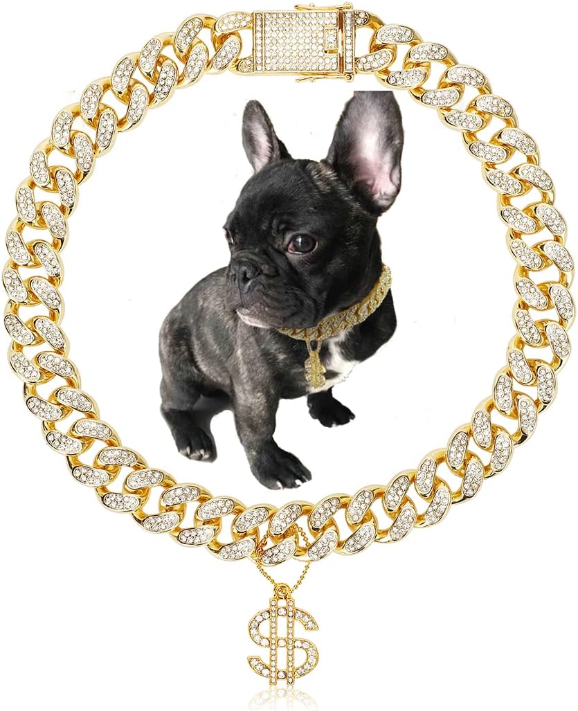 Gold Dog Collar 20mm Big Dog Chain Zircon Cuban Link Chain Handmade Iced out Diamond Exaggerated Bully Dollar Pendant Full Cz Prong Set Pet Jewelry