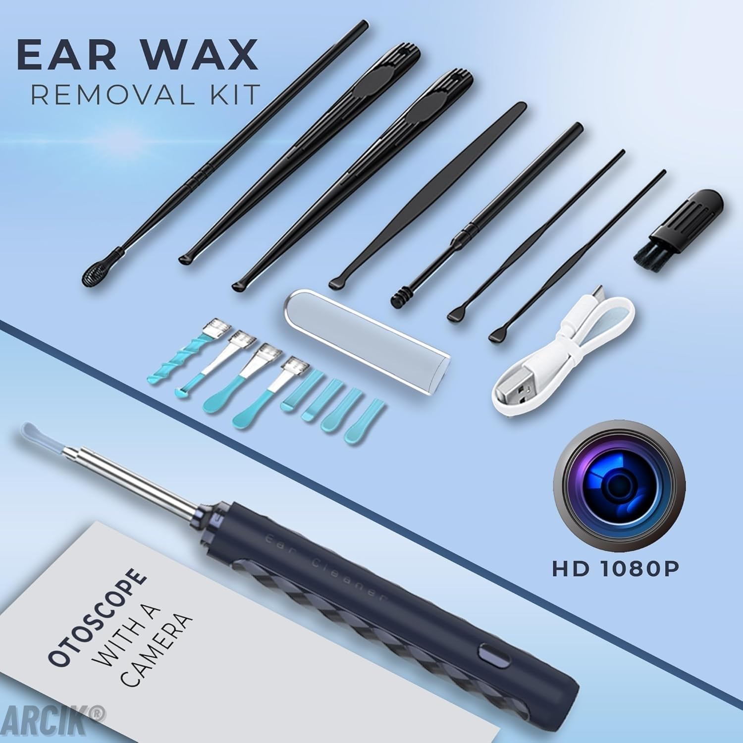 Otoscopio Limpiador Oidos Adultos - Otoscopio Limpiador de Oidos Cera con Camara HD - Ear Cleaner con 6 Puntas de Silicona y 7 Accesorios - Compatible Android e iOS, color Azul/Blanco (Blanco)