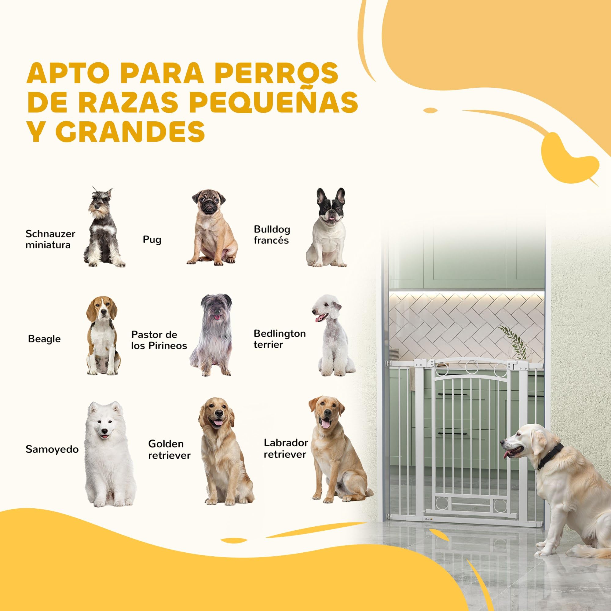 PawHut Cancelletto per cani con barriera di sicurezza per cani 76-104 cm Altezza 105 cm con 2 prolunghe 7/14 cm per scale e cancelli Bianco