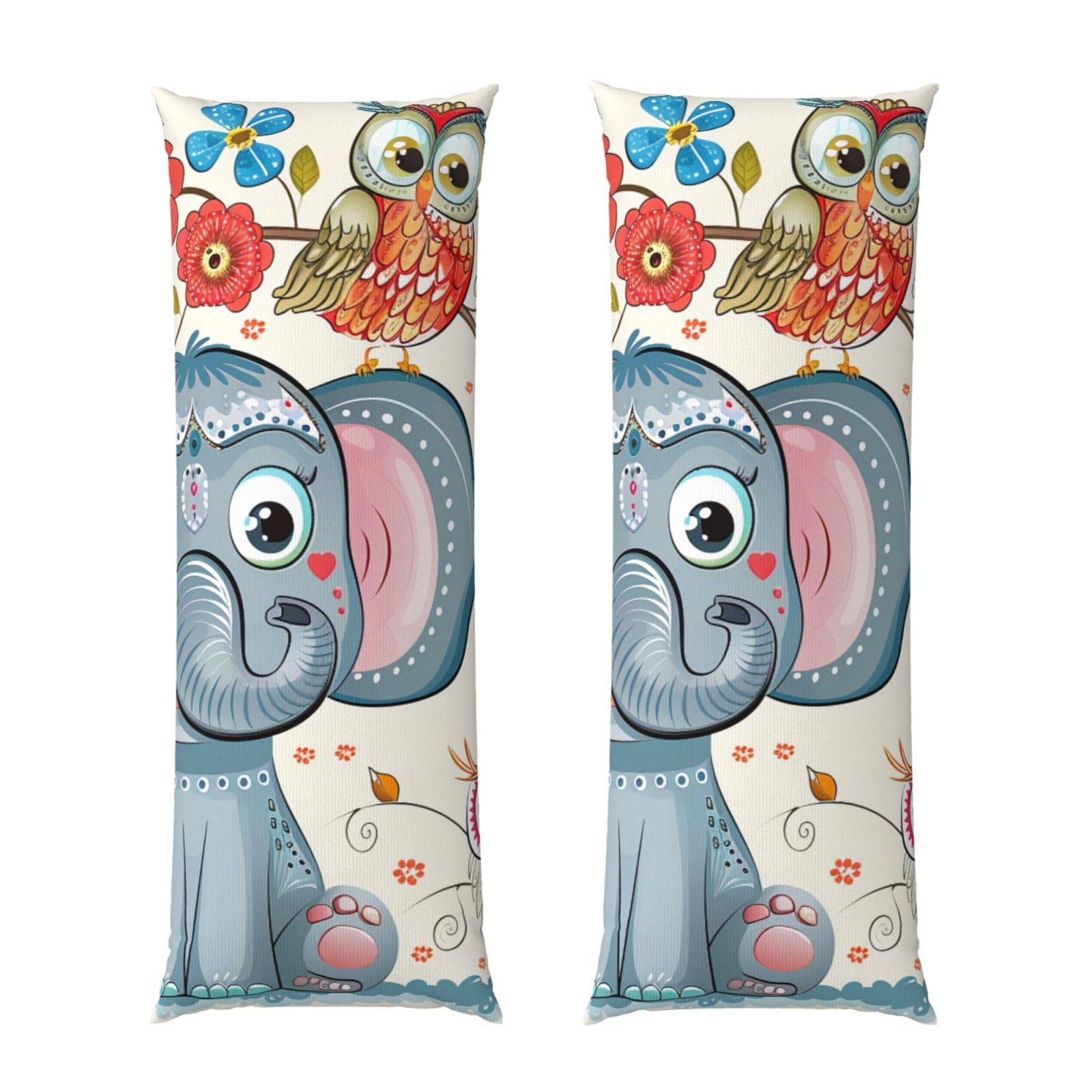 Body Pillow Cover 20x54 Inch, Cartoon Elephant and Owls Floral Print Long Lumbar Pillow Case with Zipper Long Body Pillowcase Decorative for Bed Sofa Bedroom
