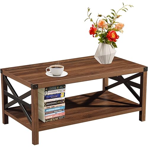 Industrial Coffee Table for Living Room, Retro Mid Century Central Table with Storage Shelf Farmhouse Tea Table