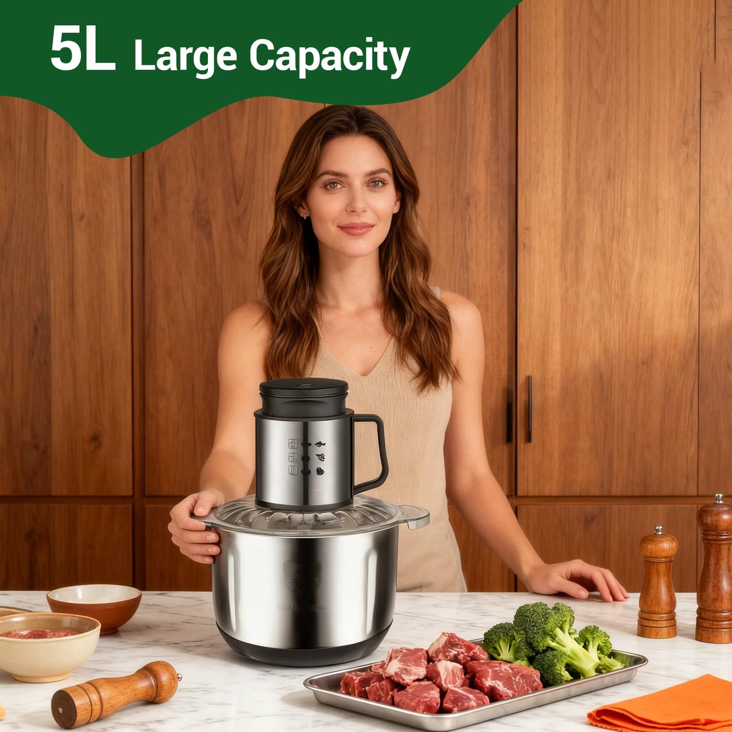 Tritatutto Elettrico 1000W, Robot da Cucina da 5L con 6 Lame in Acciaio Inox a Doppio Livello, 2 Velocità, Tritacarne da Cucina per Carne, Verdure, Frutta, Cipolla