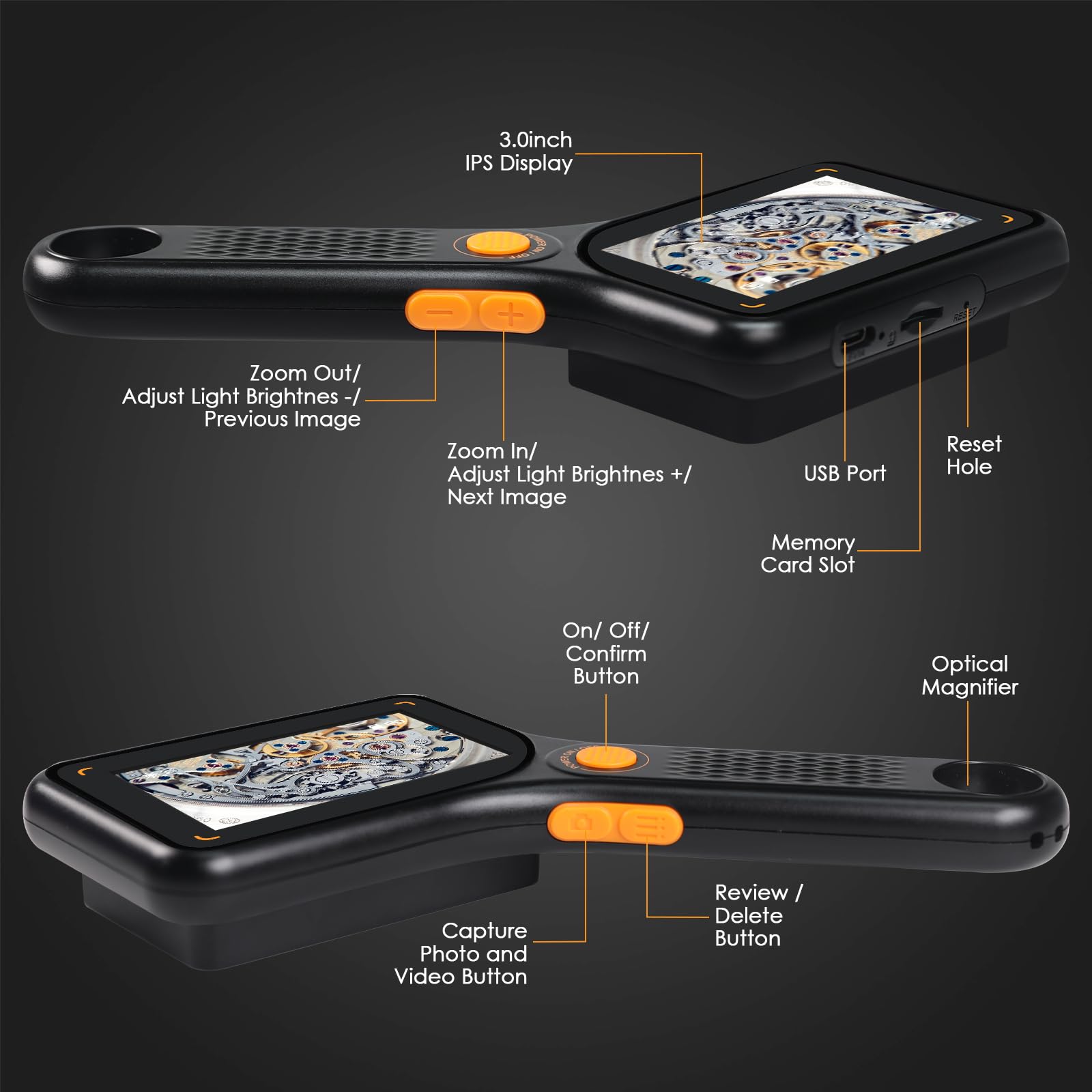 Microscopio digitale portatile 500X con schermo IPS da 3", 8 LED, autofocus, fotocamera 2MP, lente d'ingrandimento ricaricabile, supporto scheda TF, compat. Windows/Mac: ideale per parti, PCB