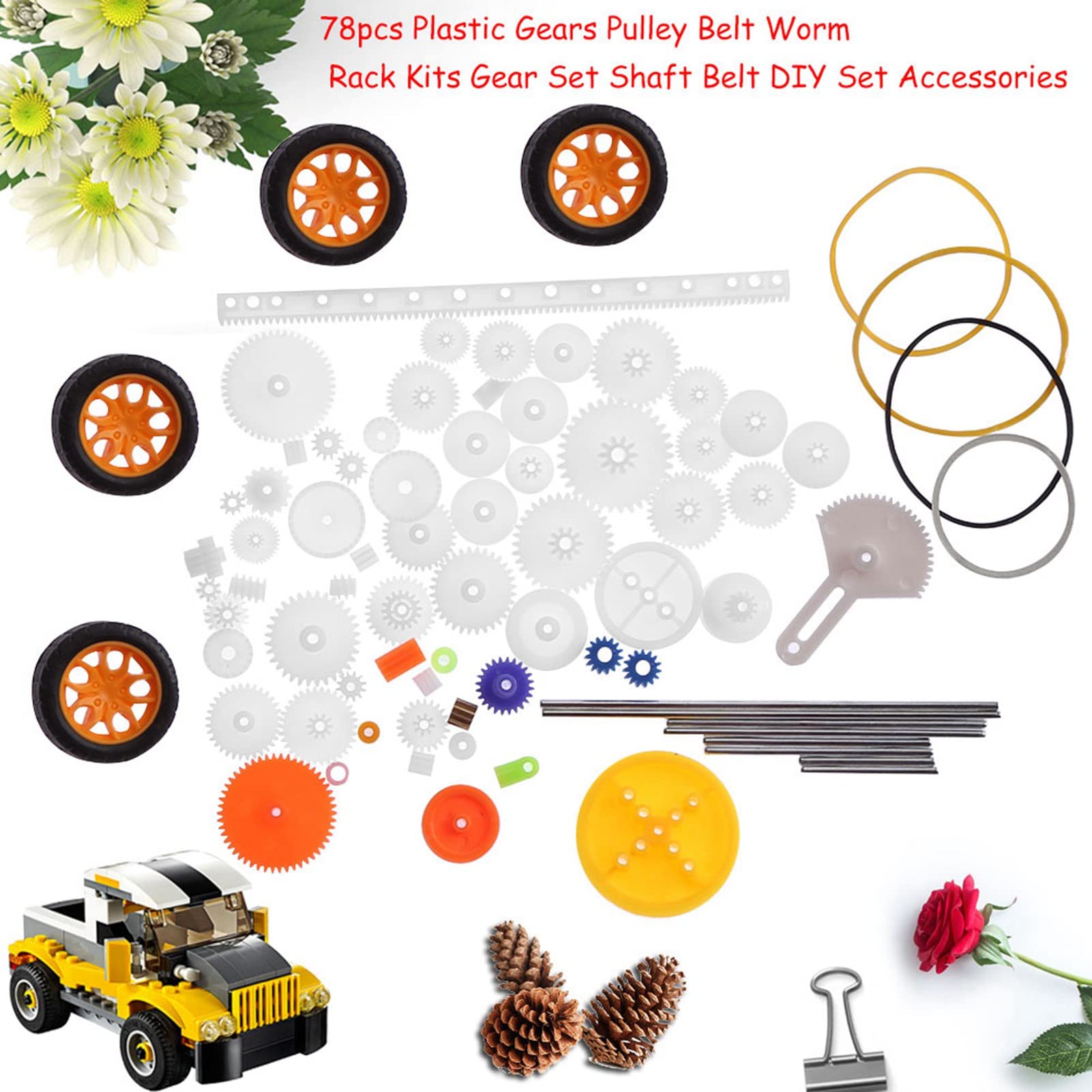 NDNCZDHC 78PCS Plastic Gears Pulley Belt Worm Rack Kits Gear Set Shaft Belt Accessories Gears Combination for DC Motor DIY Model Toys