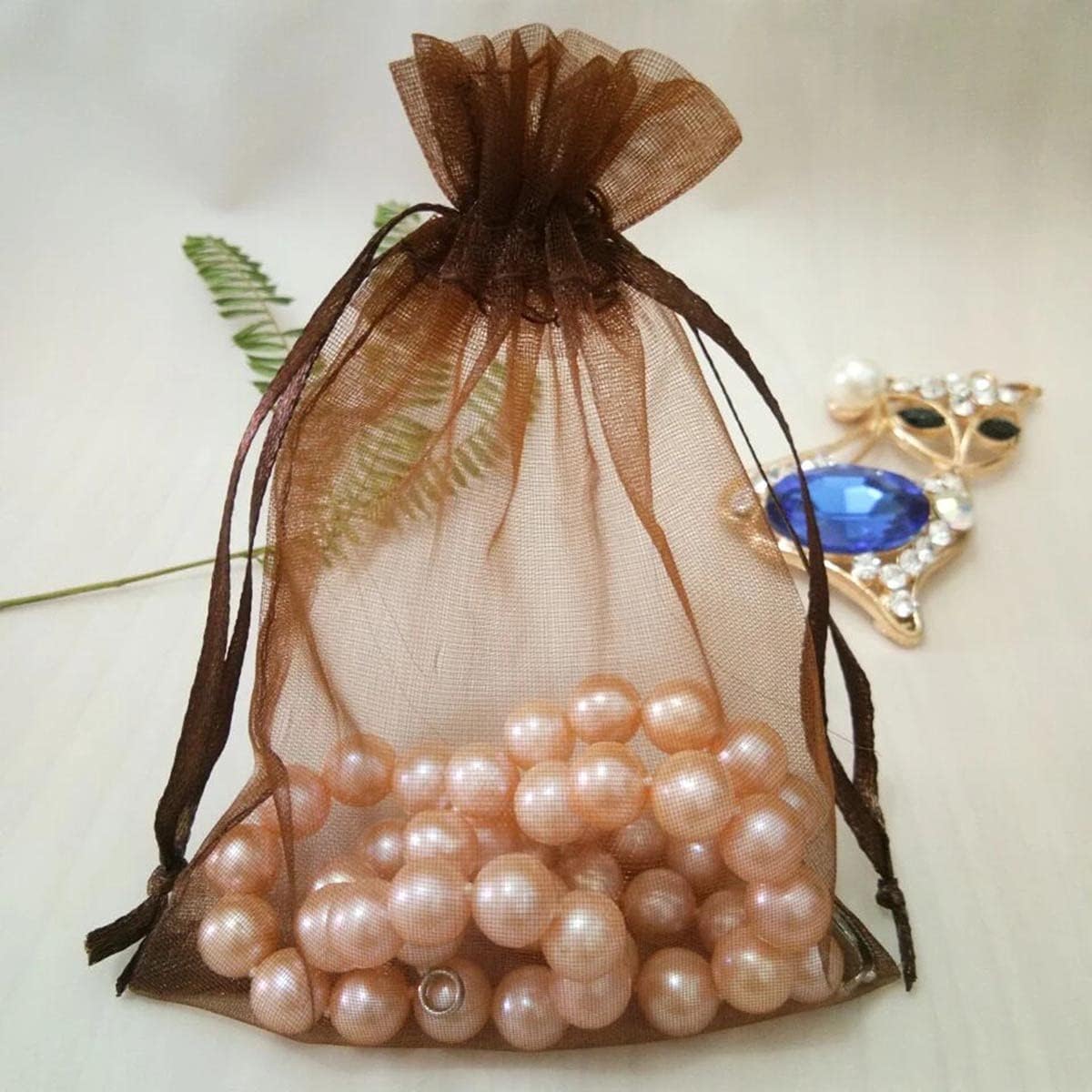 100pcs Sheer Organza Mesh Drawstring Gift Wrap Bags Brown 5x7 Inch image 2