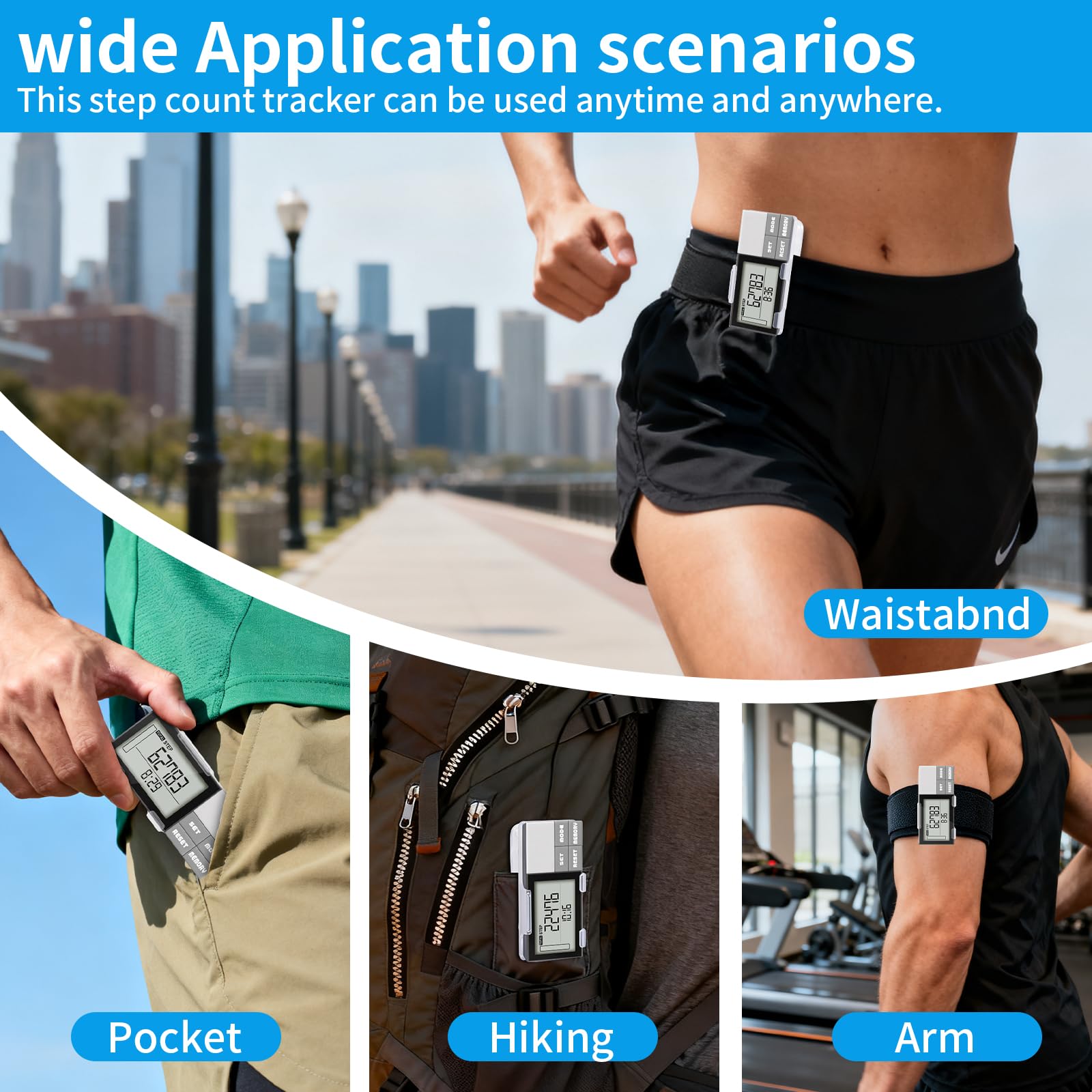Podomètre pour marcher des pas et des kilomètres, podomètre 3D simple pour la marche, compteur de pas précis et suivi de pas avec clip/cordon, suivi des pas, des kilomètres et des calories, grand