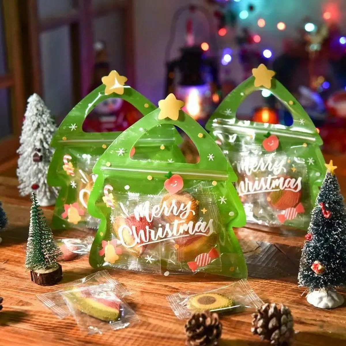 200 Stück Weihnachtsfest-Geschenktüten, Weihnachtsbaum, Hirschform, Kekse, Süßigkeitenbeutel für Kindergeburtstag, Party, Dekoration, Süßigkeiten-Paket