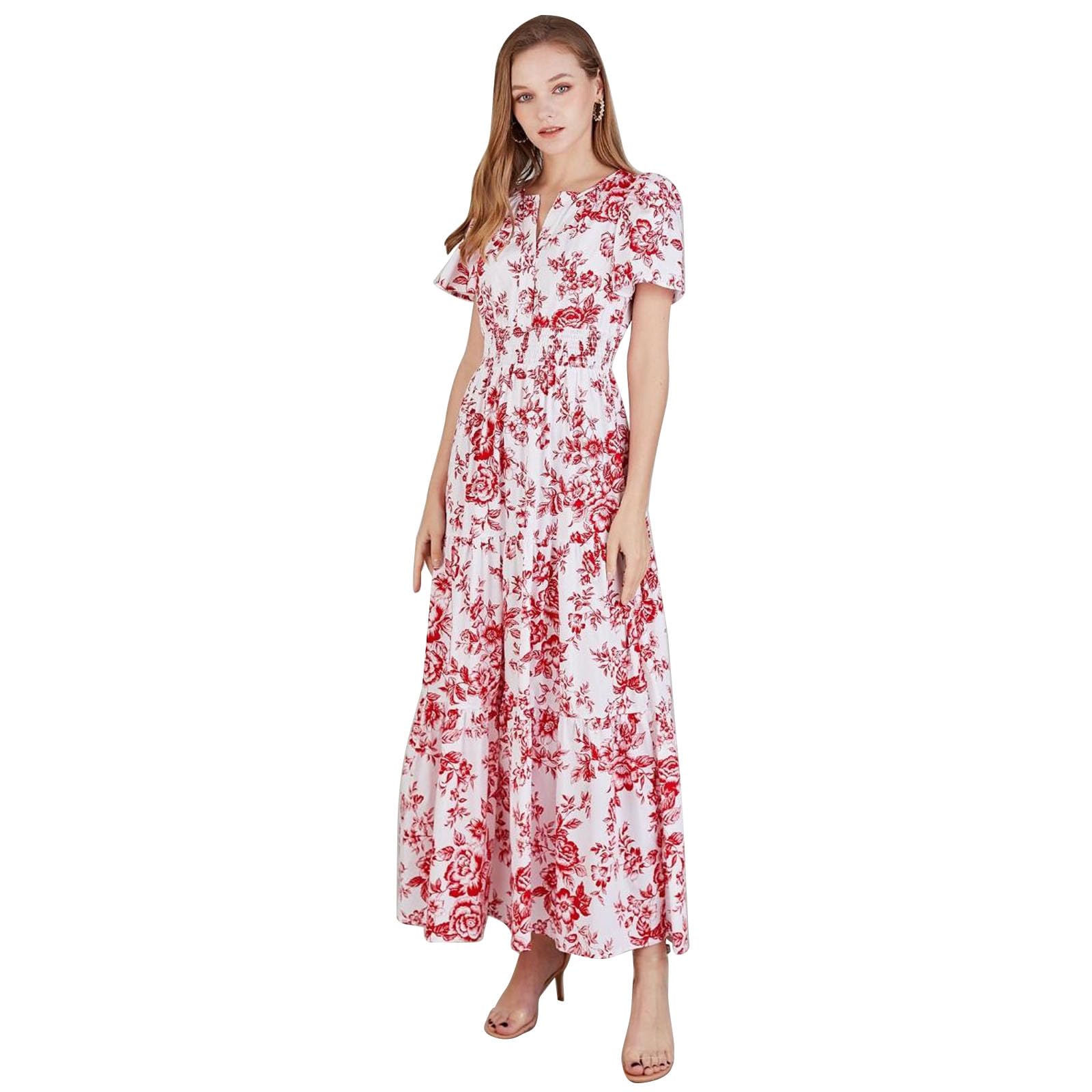 CHICWISH Maxi abito lungo da donna in cotone con maniche a bolla con stampa floreale scollo a V elastico in vita casual rosso abiti estivi lunghi