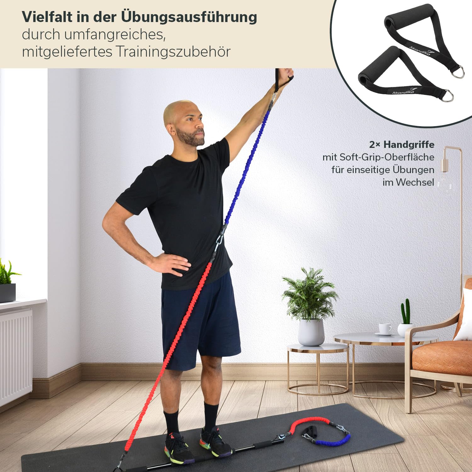 Skandika Multi-Widerstandsbänder mit Stange | Pilates Bar mit Resistance Bands, Krafttraining, 3 Widerstandsstufen, Online Trainingsguide, viel Zubehör, Fitnesstraining, nutzbar mit Nemo IV und V3000