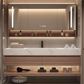 Bathroom Vanity with Sink, 2-Door, Triple Mirror, Mirror Cabinet with LED Lighting, Wash Basin, Hand Wash Basin, Wall-Mounted Ceramic Sink, Bathroom Decoration