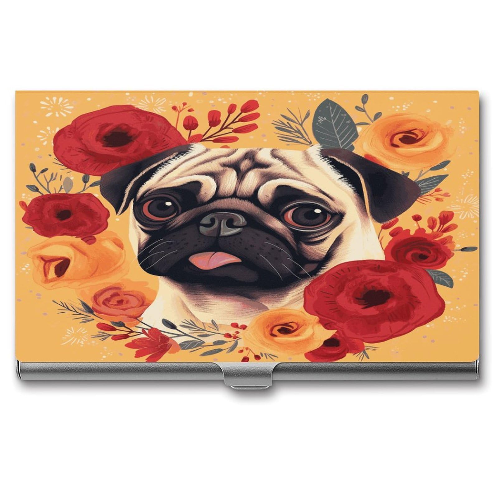 JTREHY Pug Flower Business Card Holder Slim Purse Name Card Holder Portable Metal Business Card Case Wallet Large Capacity Lightweight Business Card Case for Men Women