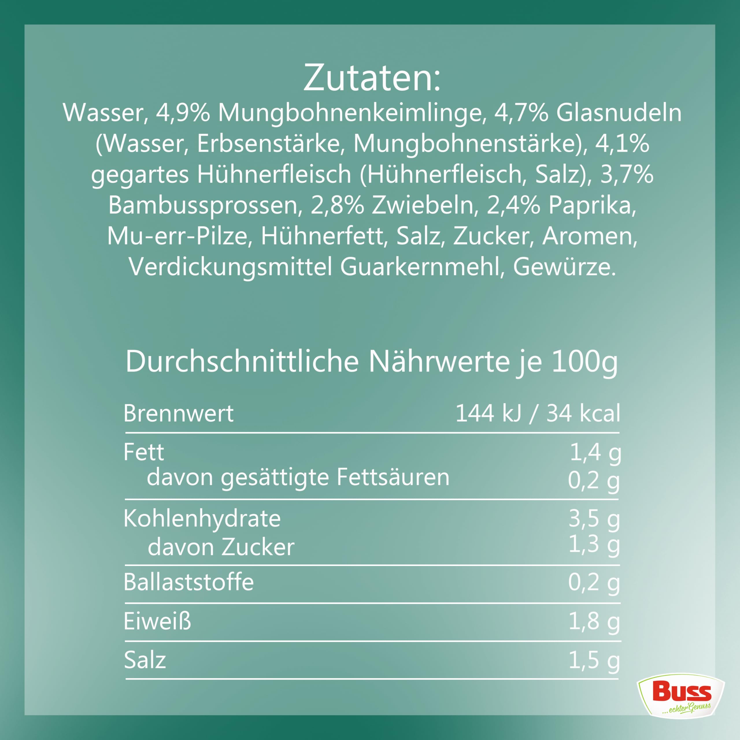 Buss Asia Suppen - Leckere Thaisuppe Bangkok, 12 x 400g | Suppe mit Gemüse, Glasnudeln und Hühnerfleisch - Schnelle Fertiggerichte zum Aufwärmen in Mikrowelle & Topf