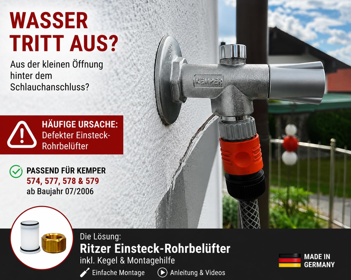 Ritzer 2 Stück Einsteck-Rohrbelüfter für Kemper Frosti 574/577 und 578/579 ab 07/2006 – Ersatzteil für frostsichere Außenarmatur – inkl. Kegel, Montagehilfe & Anleitung – Referenz P310057400015KP