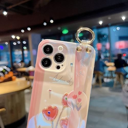 Miniatura 10 de Funda para iPhone 15 Pro Max linda con correa de muñeca con función de atril con purpurina de dibujos animados IMD de silicona TPU a prueba de