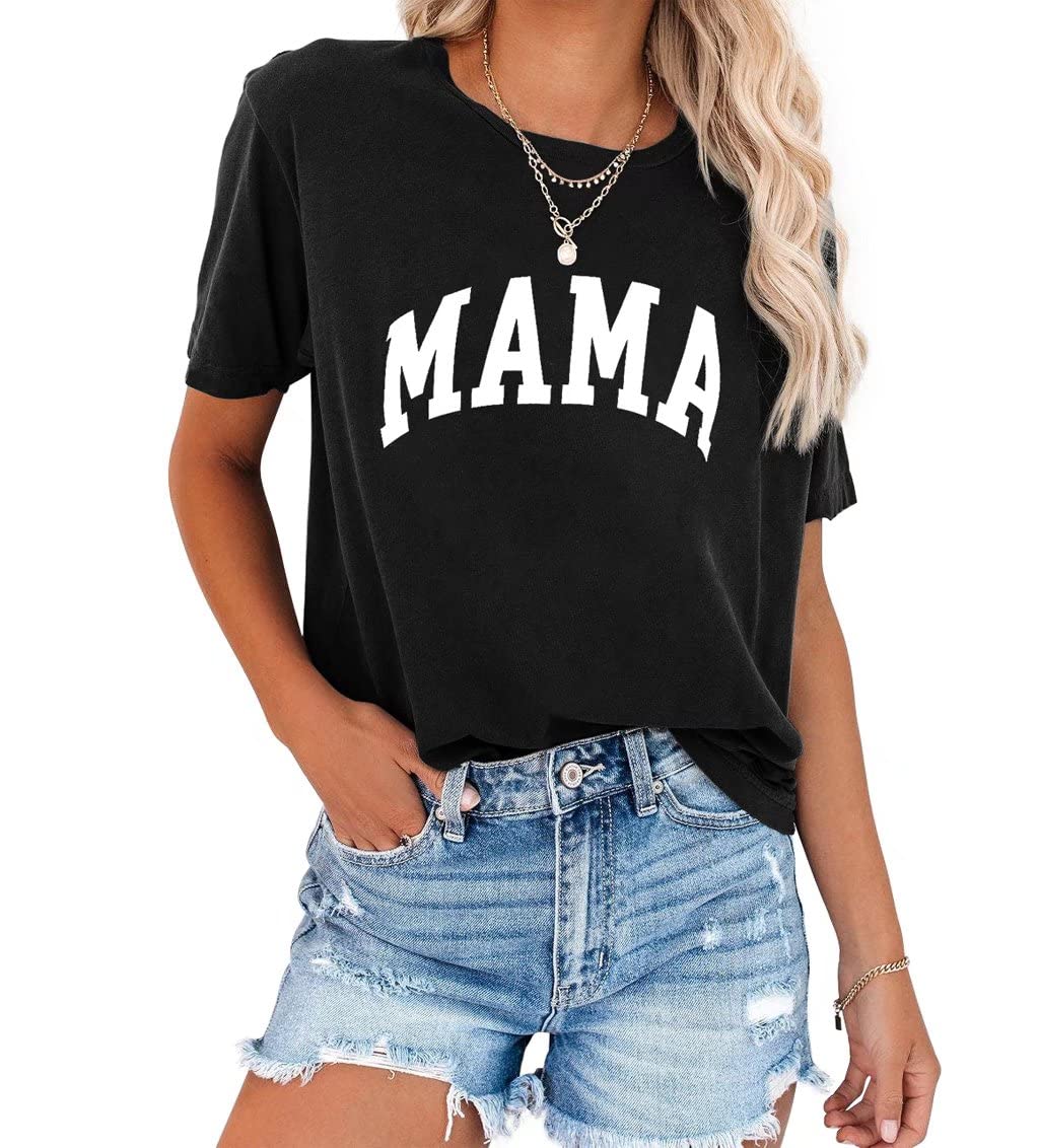 Women's Mama Letter Print Graphic Tees Shirts Casual Short Sleeve Tops Cute Mom T Shirts Blouse