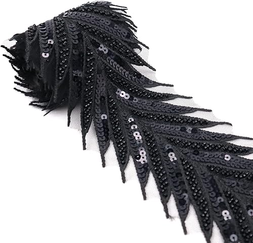 Cinta de encaje con cuentas de encaje negro apliques de lentejuelas encaje de malla de flecha de encaje para coser, decoración de ropa