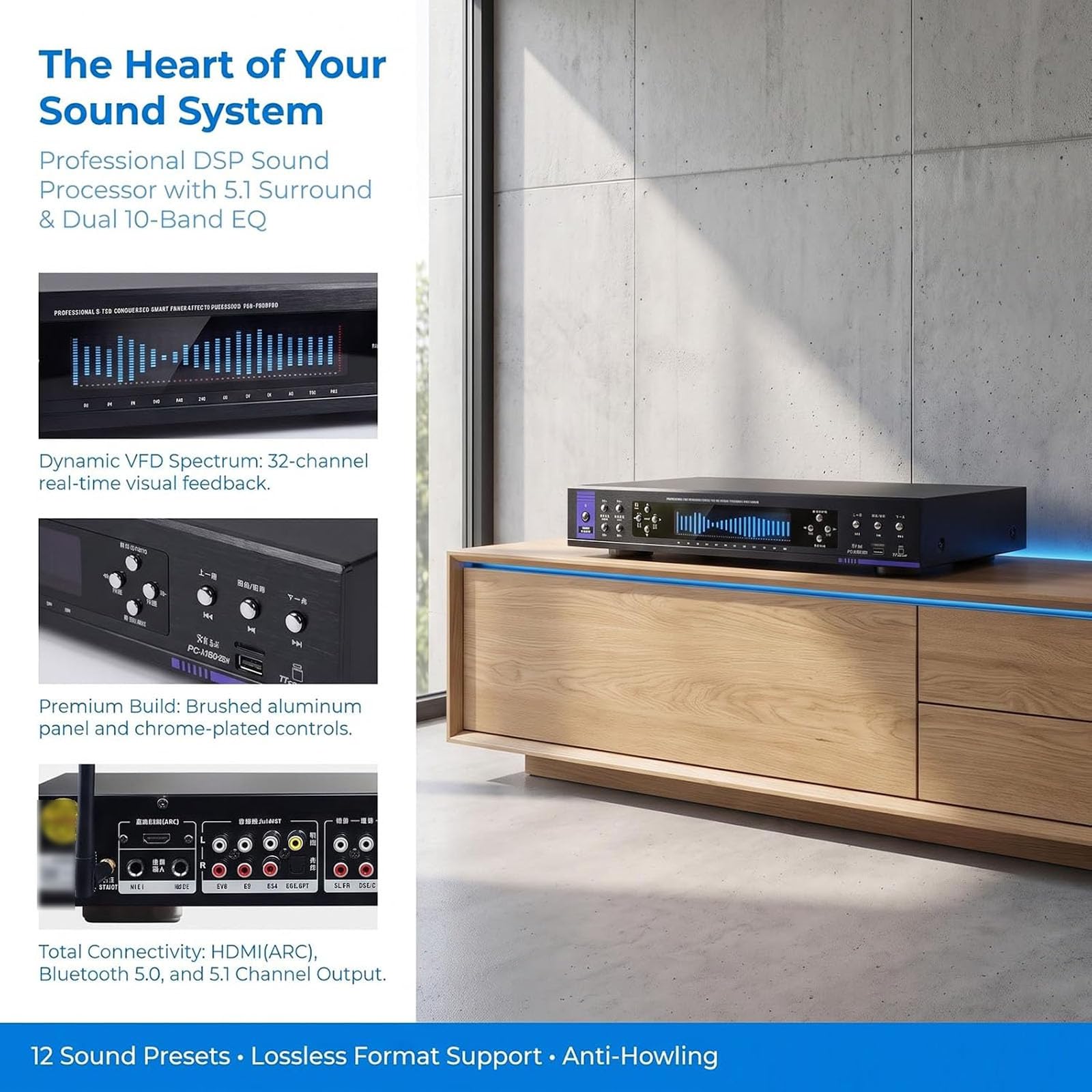 Égaliseur Graphique Stéréo, Égaliseur Audio Hi-FI, Compatible Bluetooth Et Entrée USB, Affichage du Spectrum Musical À 32 Segments, Décodeur Optique Coaxial, Télécommande, Black