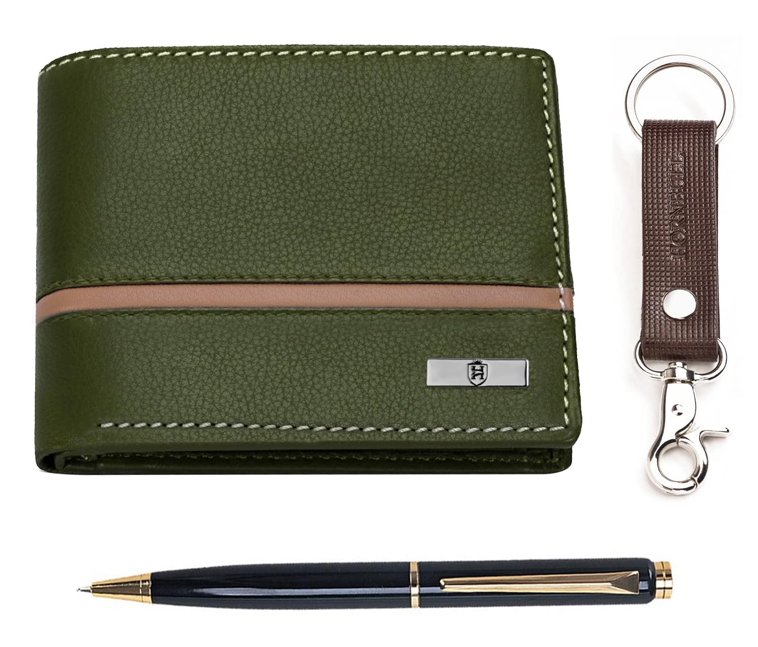 HORNBULL Denial Leather Combo Wallet, Pen with Keyring for Men | Olive Wallet for Men with RFID Blocking | Mens Wallet Combo Valentine's Day Gift Set