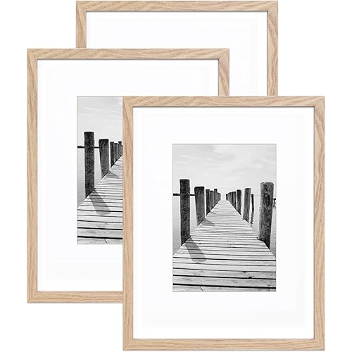 MDF Wood Picture Frame 11x14 with Mat for 8x10 Natural Photo Frames Set of3 HD Tempered Glass Frames Wall Mounting Horizontal or Vertical Display Home Decor for Ideal Gifts