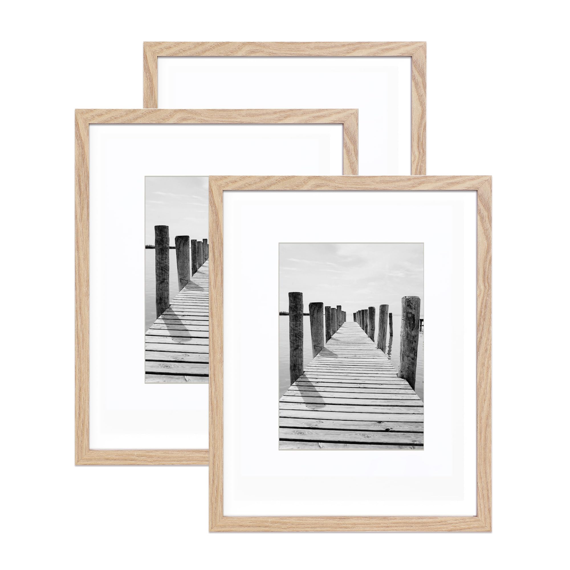 MDF Wood Picture Frame 11x14 with Mat for 8x10 Natural Photo Frames Set of3 HD Tempered Glass Frames Wall Mounting Horizontal or Vertical Display Home Decor for Ideal Gifts