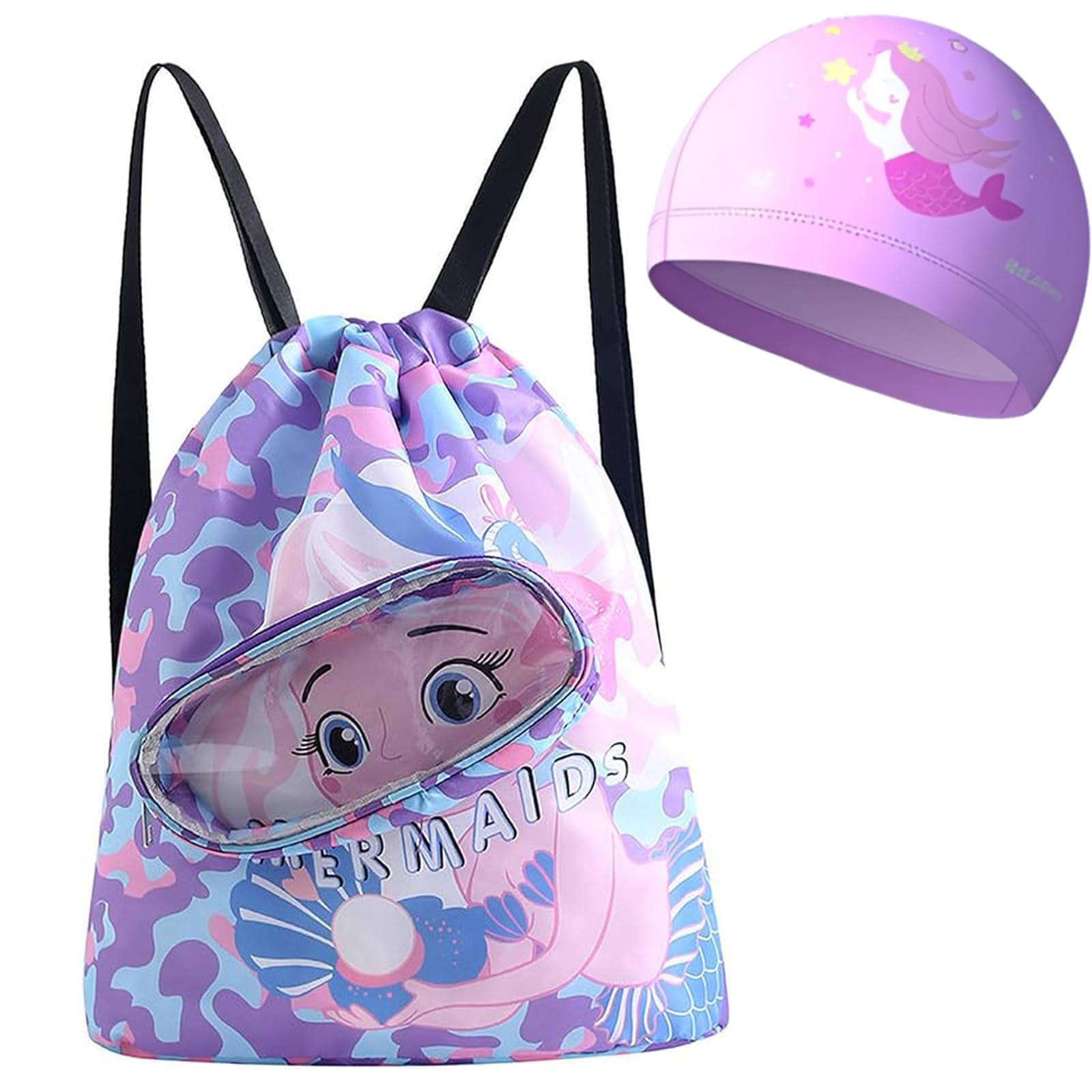 DXPETA Kids Swim Bag, Waterproof Swim Bag for Children, Swimming Bag with Cartoon Mermaid Design, Wet Bag for Swimming Lessons and Beach Vacations, 35 x 28 cm and 23 x 17.5 cm Sizes