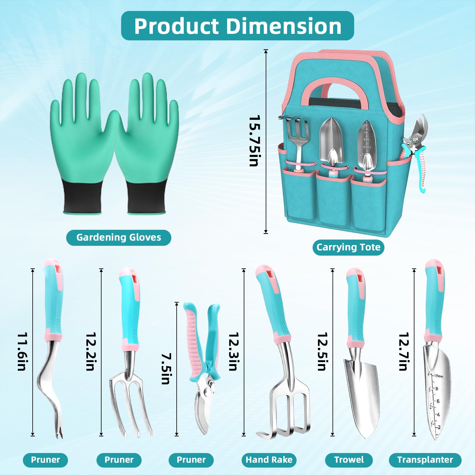 MelonArt Set di attrezzi da giardino, 8 pezzi, kit di attrezzi da giardinaggio per donne, resistente, in lega di alluminio con manico ergonomico antiscivolo, regalo ideale per donne e uomini, verde e