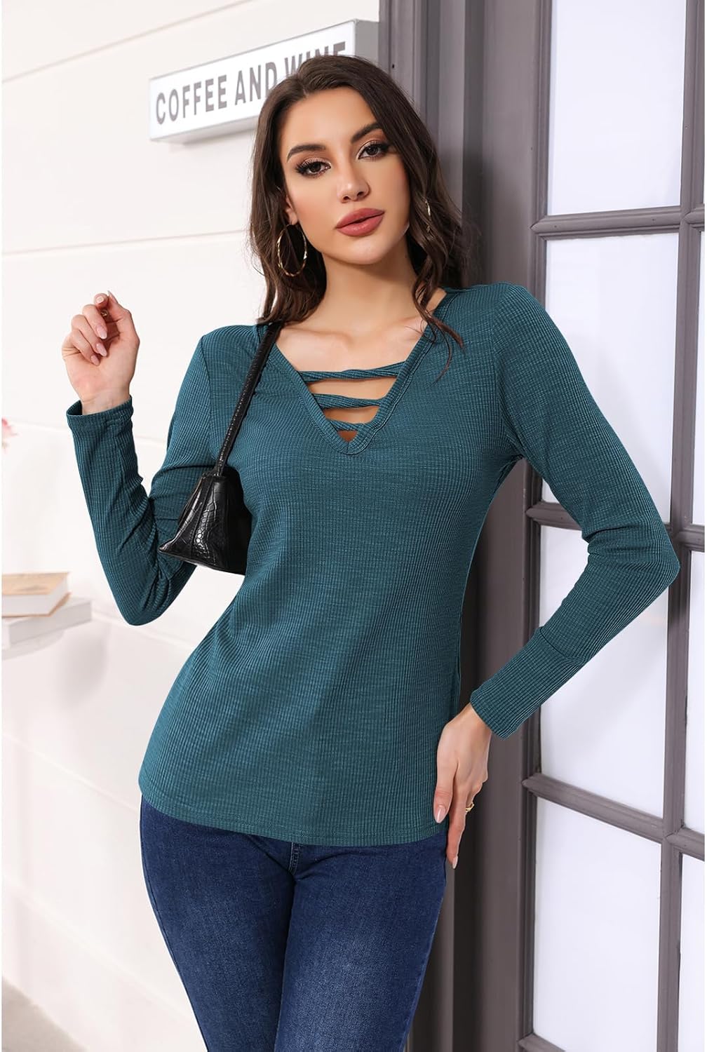 Poetsky Women's Casual V Neck Criss Cross Shirts Long Sleeve Tunic Tops Ribbed Knit Slim Fitted Tee - Image 2