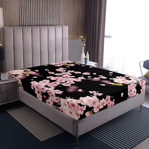 Miniatura 7 de Erosebridal Juego de sábanas de flores de cerezo, sábanas de estilo japonés para niñas y mujeres, sábana bajera ajustable floral de plantas