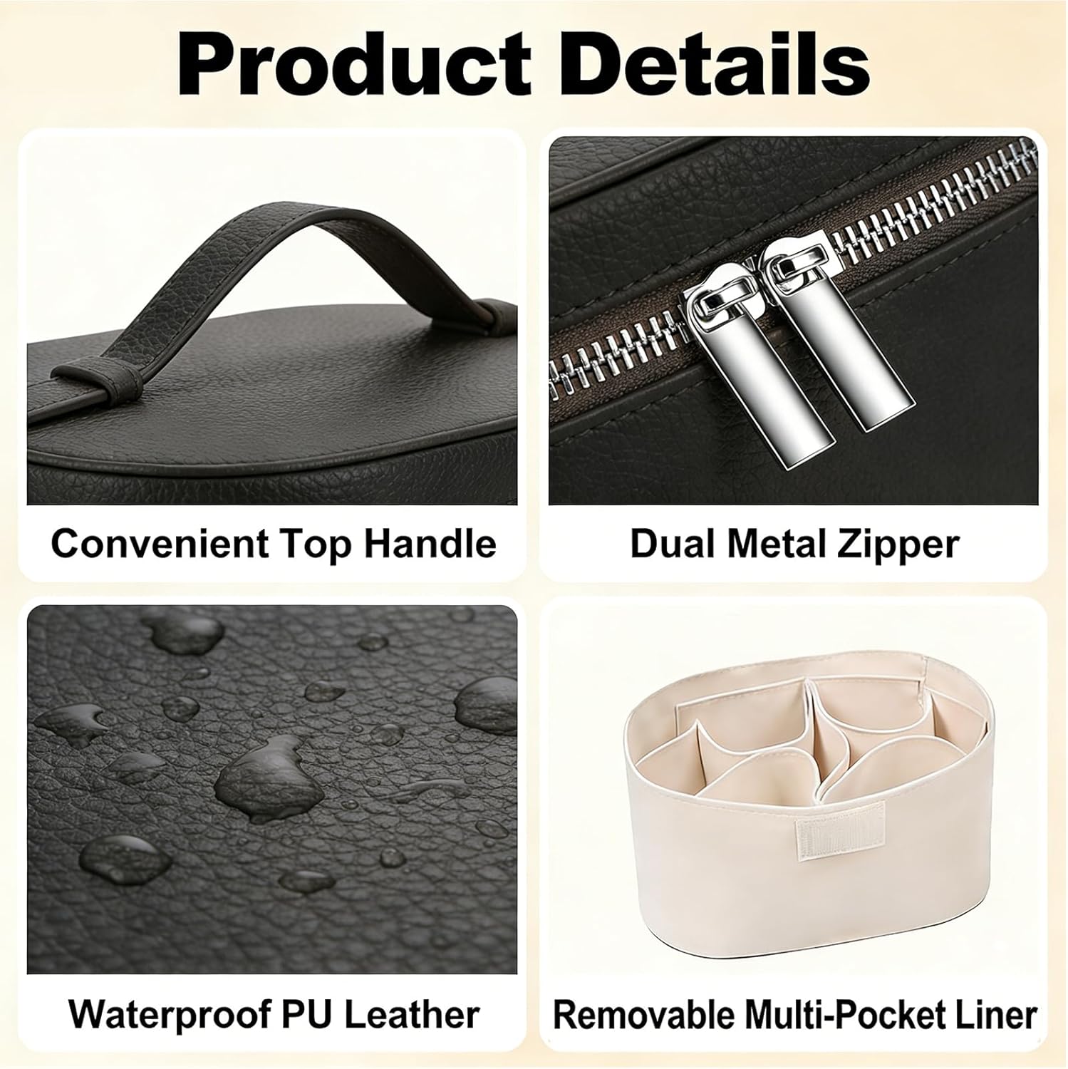Round Leather Makeup Bag - Waterproof Travel Cosmetic Organizer with Compartments, Small Vanity Case for Women (Black)