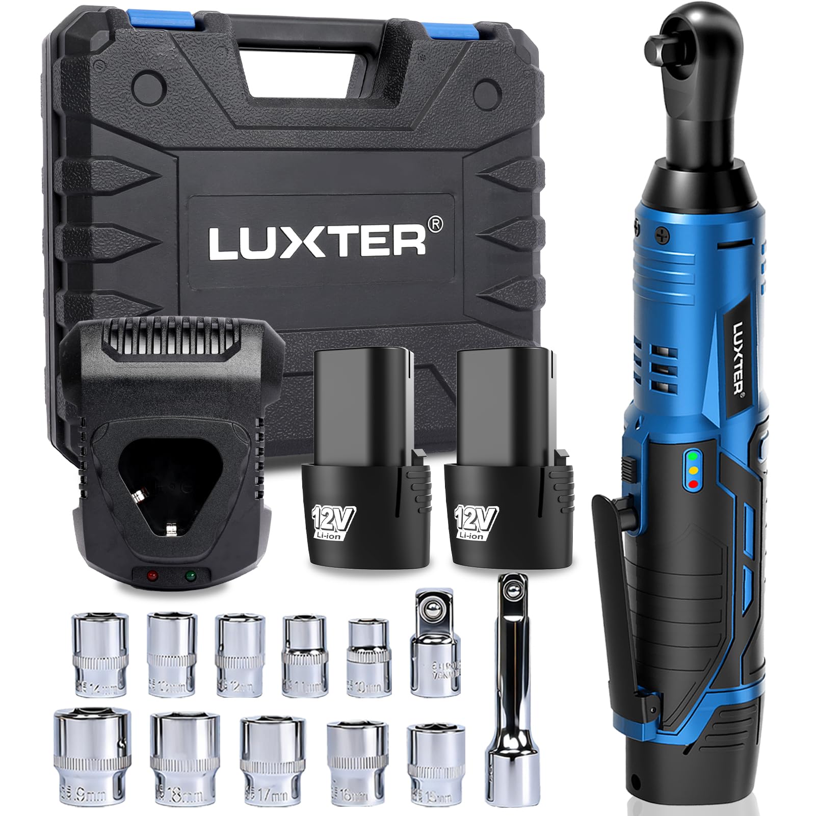 LUXTER Cordless Electric Ratchet Wrench Set, 3/8", 45Ft-lbs High Torque, 12V Compact Power Ratchet, with 2 Packs 2000mAh Lithium-Ion Battery, 10