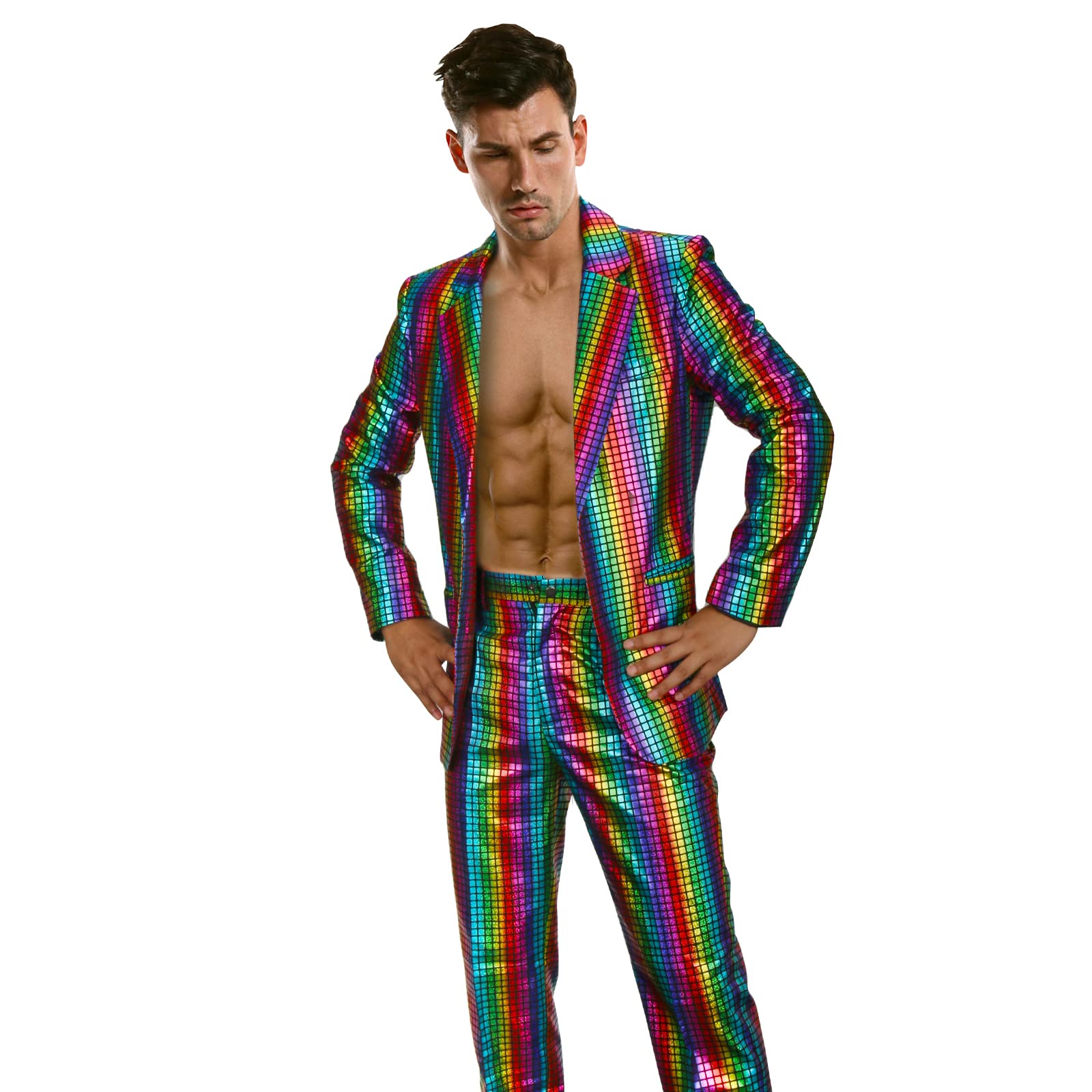 Funhoo Disfraz de fiesta de discoteca para hombre, metálico, 2 piezas, chaqueta, pantalones de manga larga de los años 70, traje de lentejuelas brillantes para Halloween, cosplay, carnaval, traje vintage