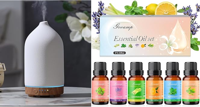 200ML Ceramic Essential Oil Diffuser - Ultrasonic Aromatherapy & Humidifier with Essential Oils Set-Top 6 Organic Blends for Diffusers
