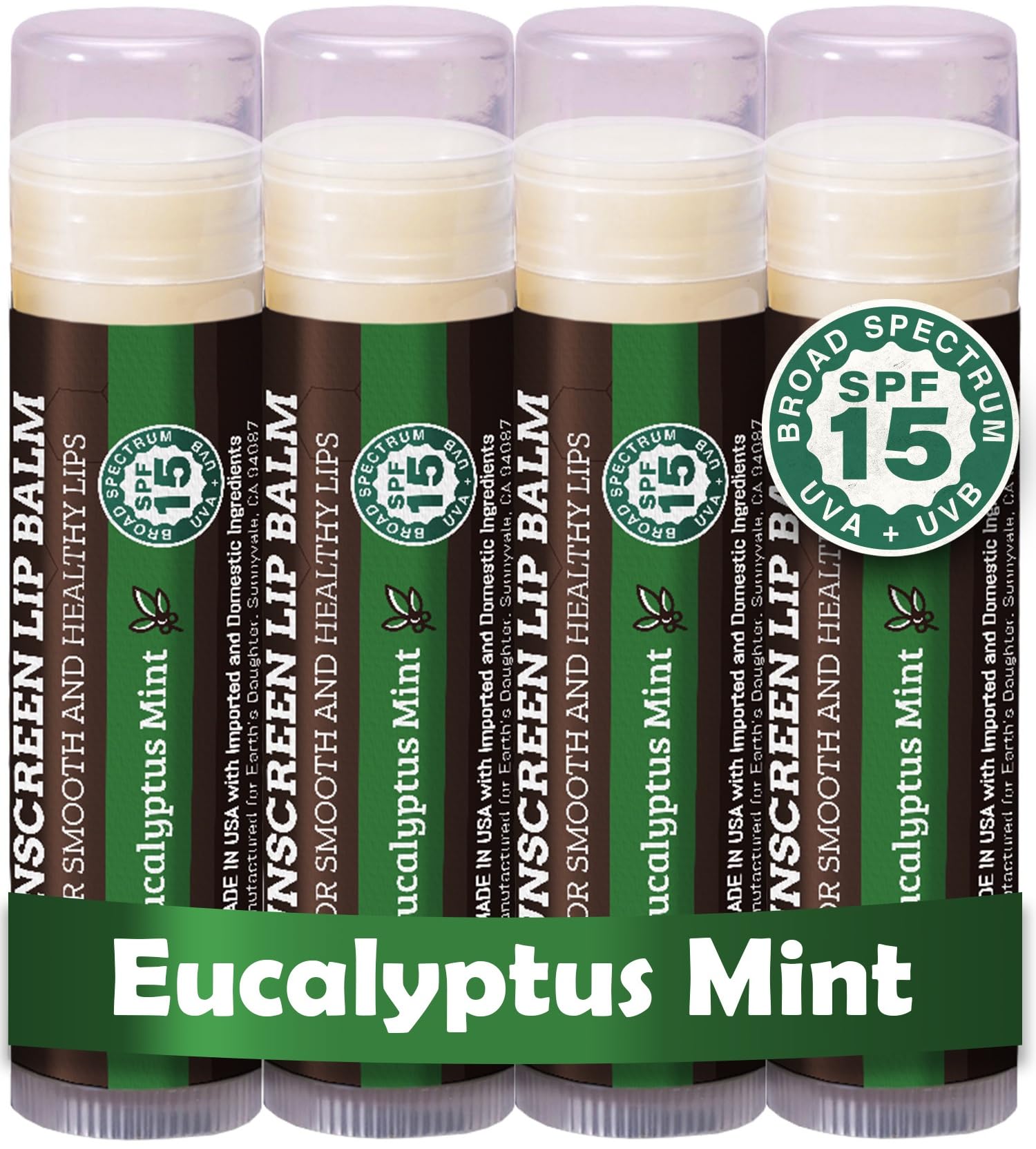 SPF Lip Balm Eucalyptus Mint 4-Pack - Lip Sunscreen, SPF 15, Organic Ingredients, Beeswax, Coconut Oil, Vitamin E - Hypoallergenic, Gluten Free