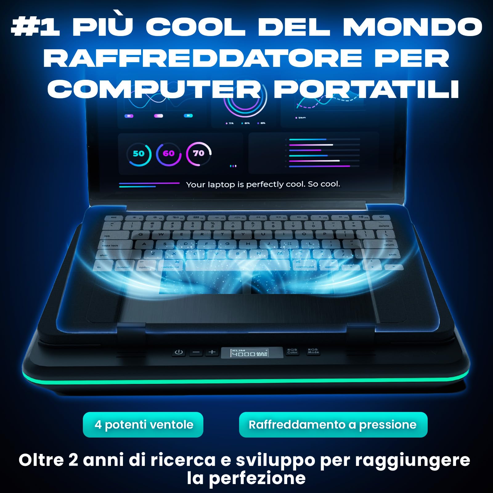 KLIM Turbofrost Base Raffreddamento PC Portatile 4 Turbo Ventole 4000 RPM Ventola USB-C DC RGB 4 Porte USB Schiuma Sigillata Raffreddamento Rapido Fino a 17 Nero