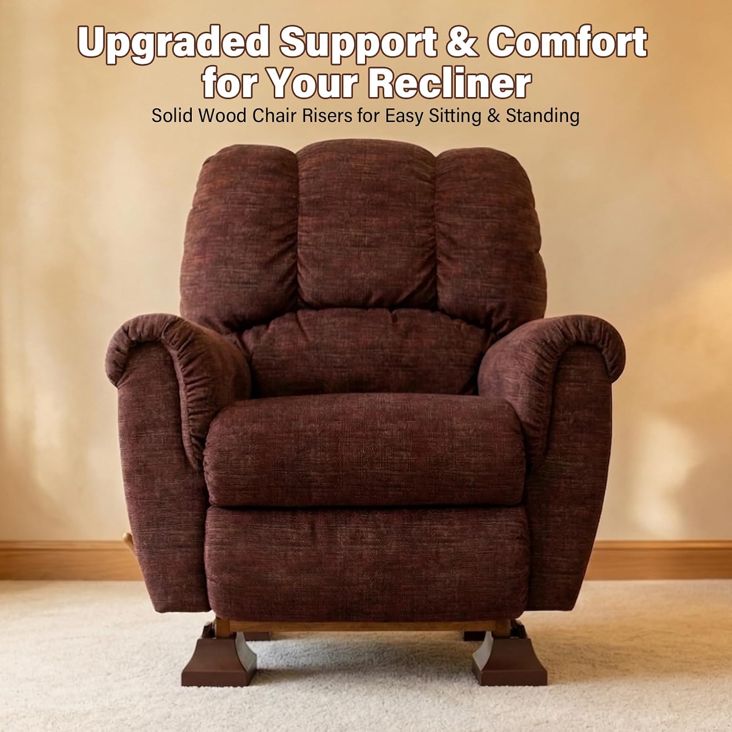 Non-Slip Recliner Risers,Chair Height Lifters for Elderly & Adults, Low Profile Assistance Blocks, Fits Wooden Base Reclining Chairs, 4 Pack Brown