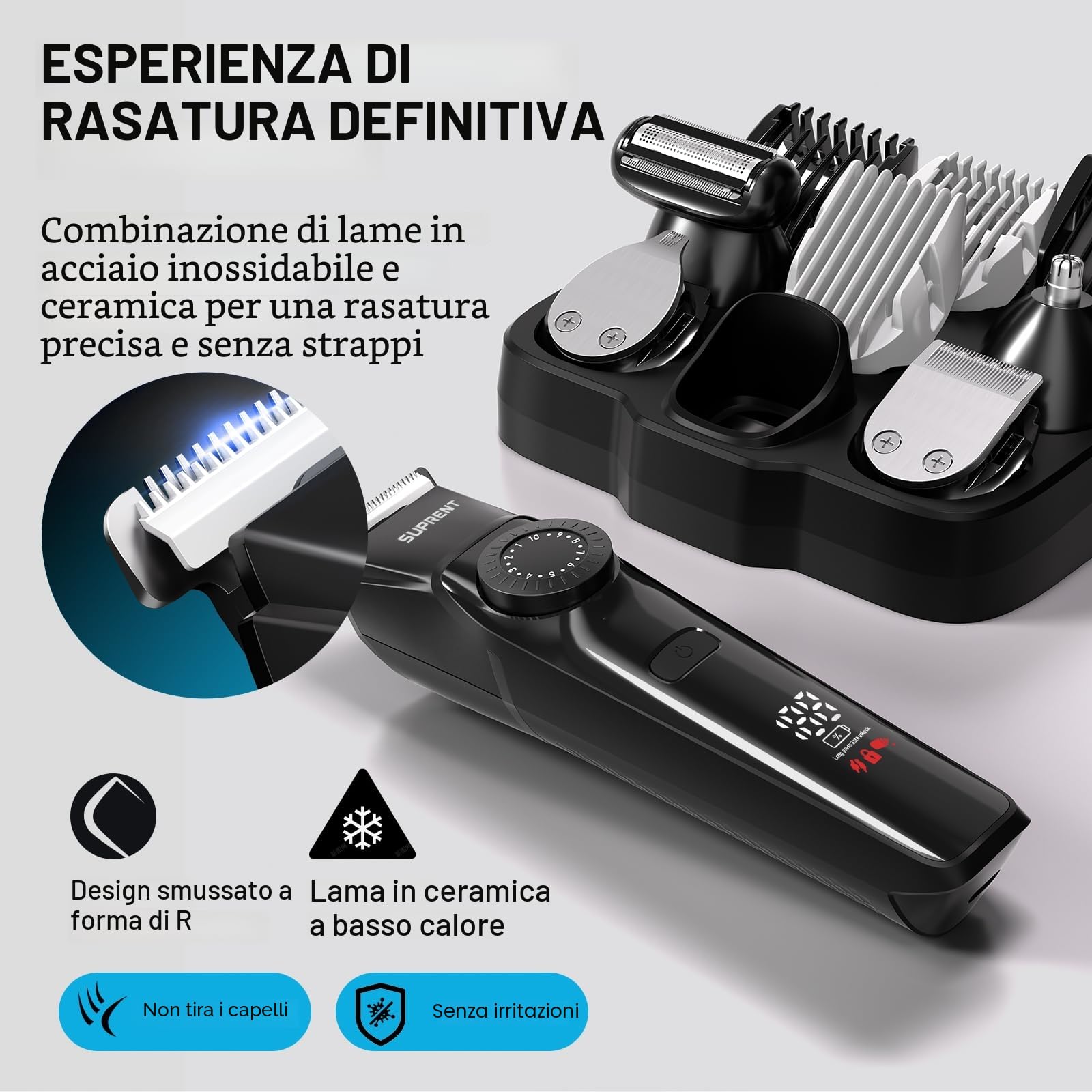 SUPRENT Regolabarba Uomo Professionale IPX7 Impermeabile Rasoio Elettrico Barba e Capelli