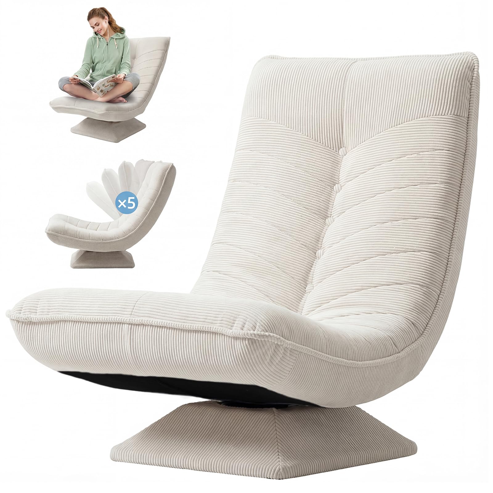 Asukale Sessel Wohnzimmer Bodenstuhl 360° Drehbar, Montagefrei, Beige Cord | Verstellbarer Rückenlehne, Klappbar, Belastbar bis 150 kg, 60 x 105 x 87 cm, Ideal als Gaming Sessel oder Lesesessel