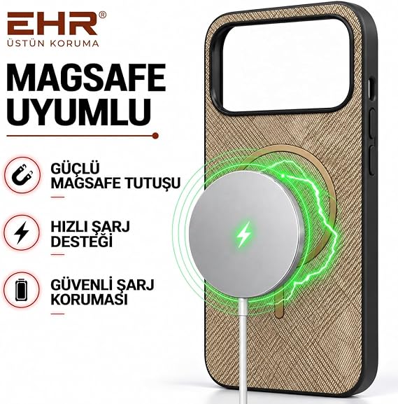 Ehr. iPhone 17 Pro Max / 18 Pro Max ile Uyumlu MagSafe Wireless Şarj Özellikli İçi Kadife Kamera Çıkıntılı Kumaş Desenli Ultra Lüks Premium Silikon Arka Kapak Kılıf (Altın Rengi, 17/18 Pro Max)