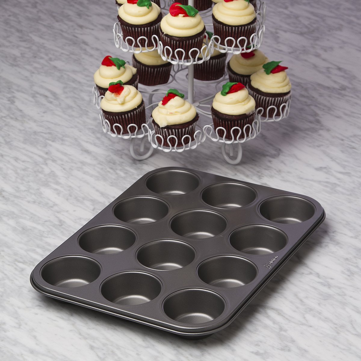 Ecolution 12 Muffinförmchen, Backgeschirr, antihaftbeschichtet, robuster Karbonstahl, Grau