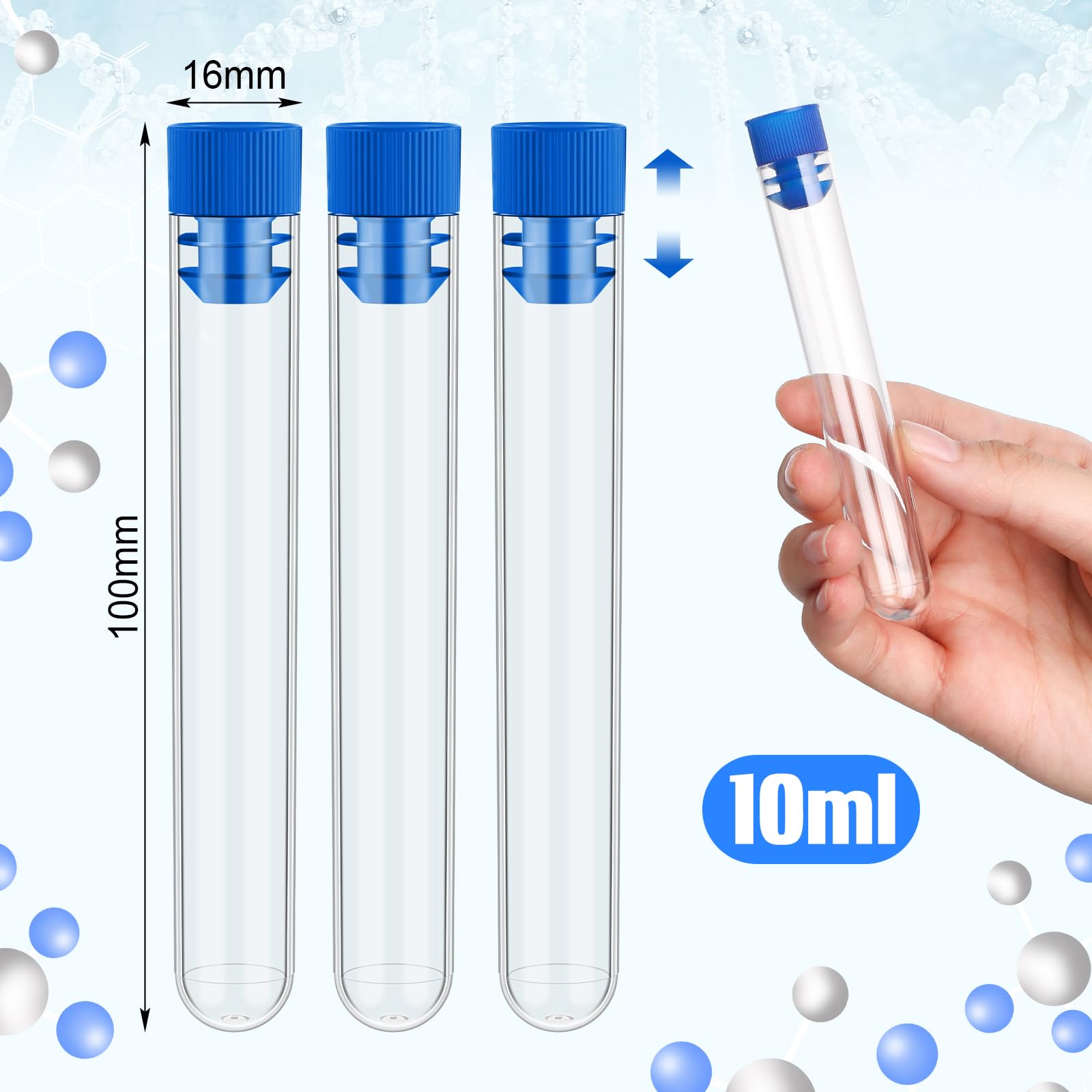 Xuhal 500 provette da 10 ml, in plastica trasparente, con tappo, 16 x 100 mm, piccola propagazione per esperimenti scientifici, propagazione delle piante, in polvere, spezie, caramelle (coperchio blu)
