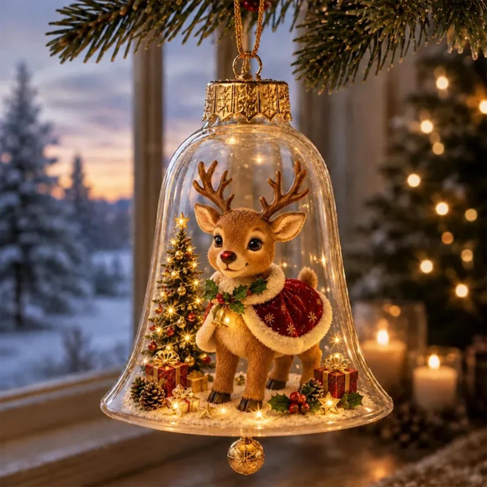 Light-Up Christmas Bell Ornament, Clear Mini Holiday Scene Diorama, Hanging Bauble with Warm LED Glow, Festive Tree Window Mantel Decoration，H