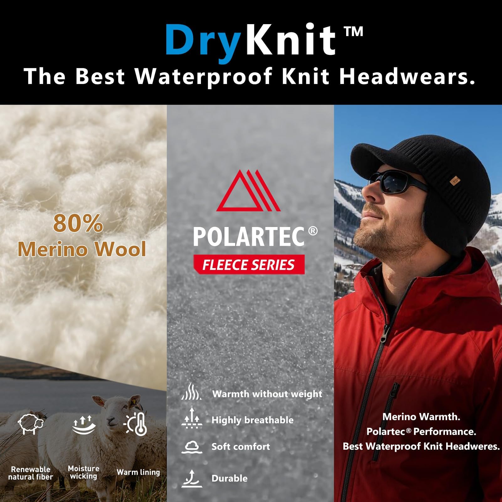 TOP-EX DryKnit™ Bonnet imperméable 80 % laine mérinos avec cache-oreilles pour l'hiver doublé en polaire chaude pour temps froid Style unisexe 55-66 cm