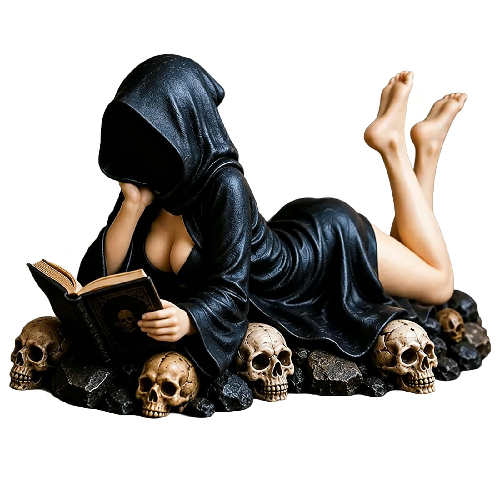 HYPYXUS Gothic Hooded Reader Figurine, Dark Academia Reading Statue with Skull Base, Faceless Mysterious Resin Bookshelf Decor Sculpture for Library, Desk, Home, for Book Lovers (A#)